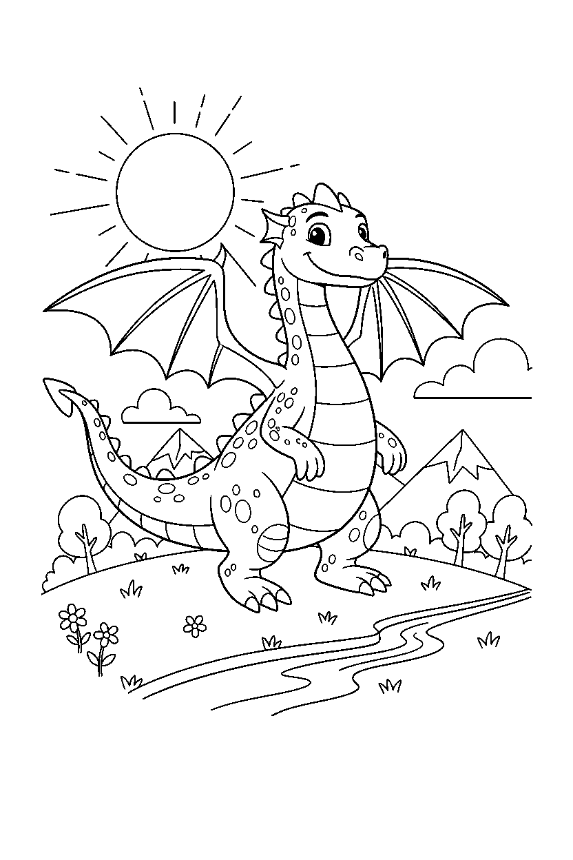 dragon standing bravely on a sunny meadow line art
