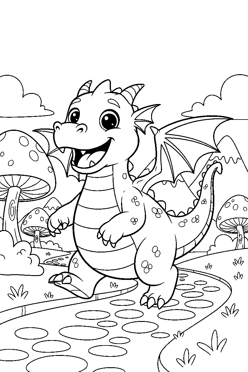 dragon trotting happily in a fantasy land line art