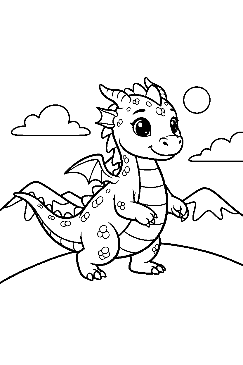 dragon walking gently on a mountain hill line art