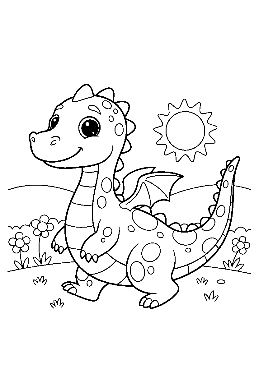 dragon walking gently on a sunny meadow line art