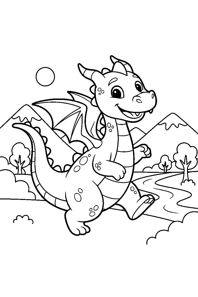 dragon walking happily in a dragon valley line art
