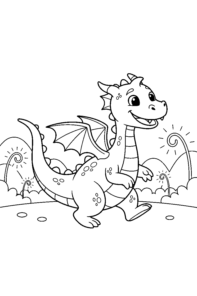dragon walking happily in a glowing valley line art