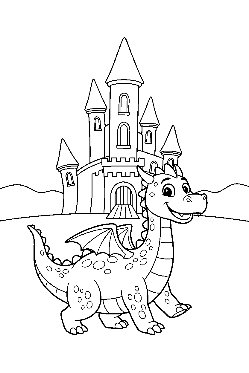 dragon walking happily near a castle line art