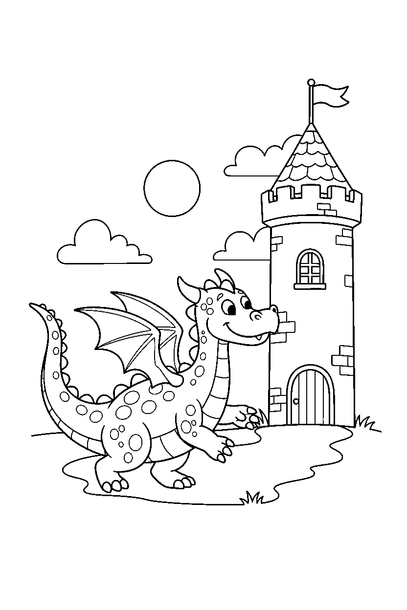 dragon walking happily near a castle tower line art