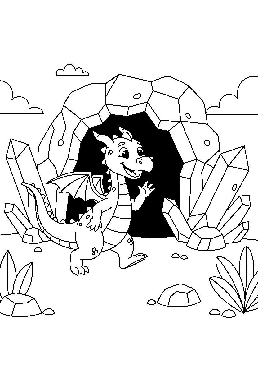dragon walking happily near a crystal cave line art