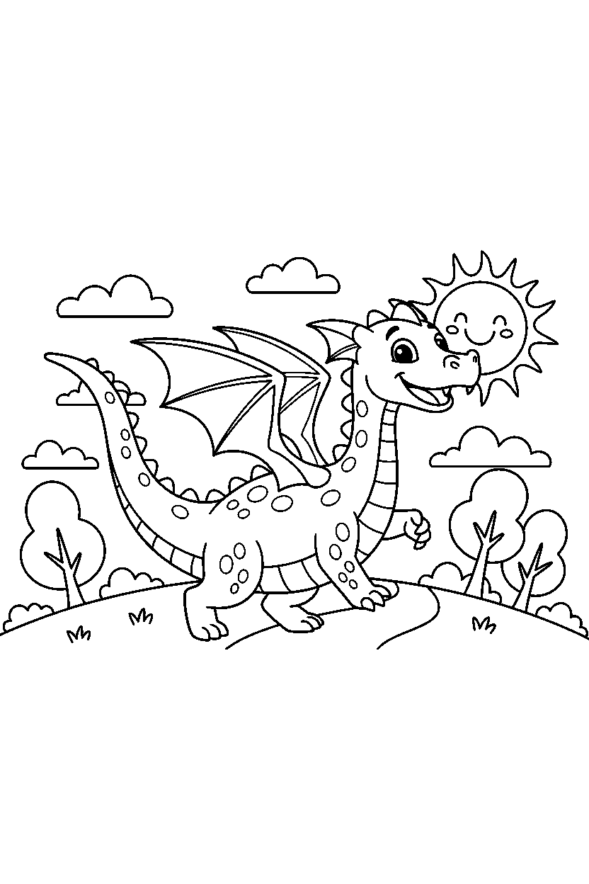 dragon walking happily on a bright hill line art
