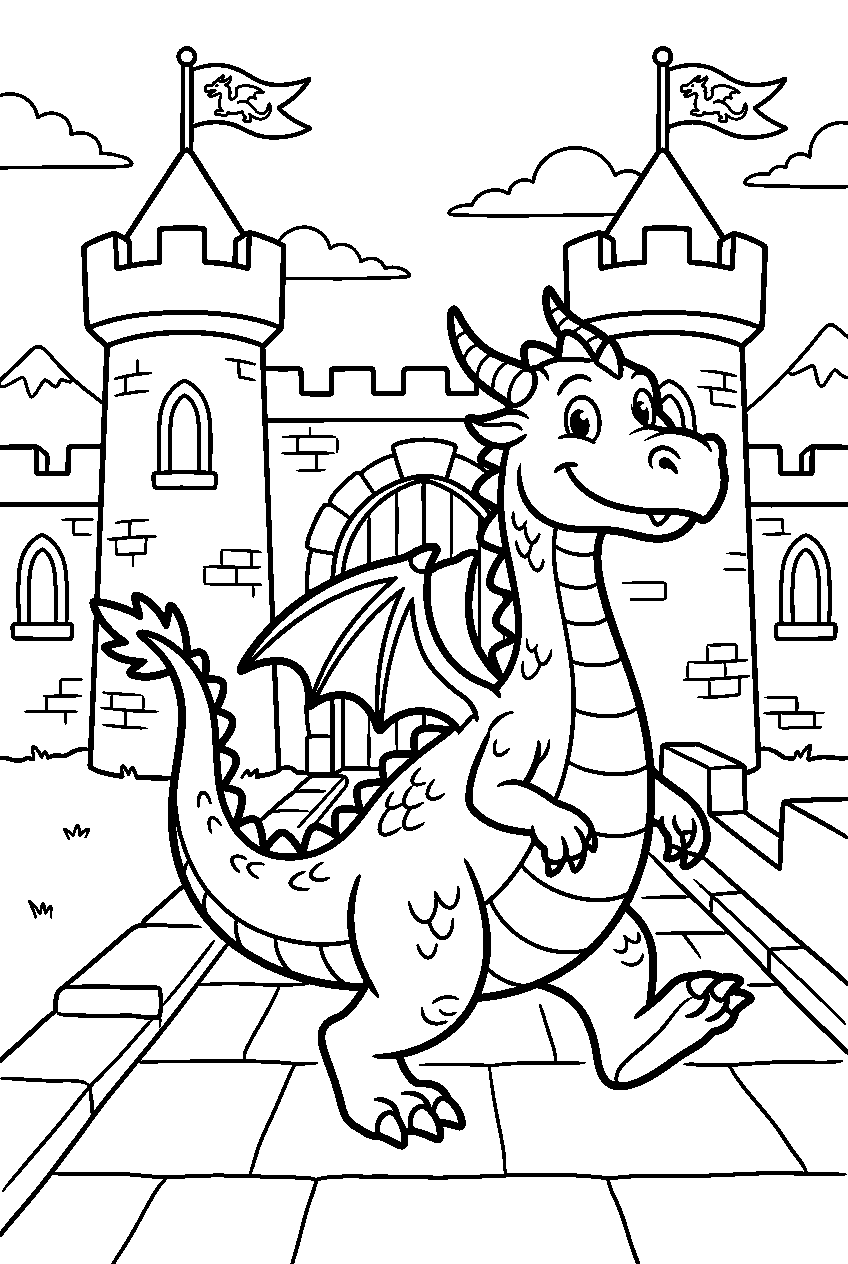 dragon walking in dragon castle line art
