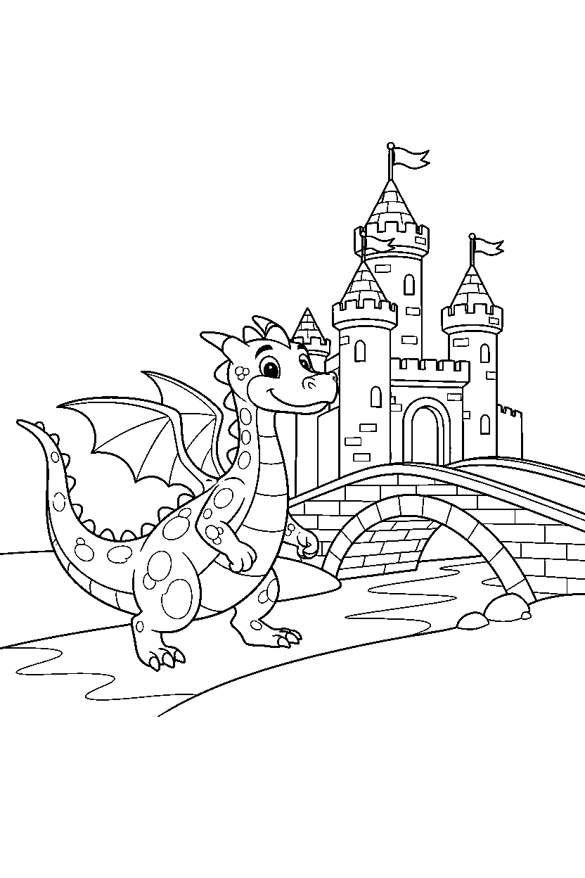 dragon walking proudly near a castle bridge line art