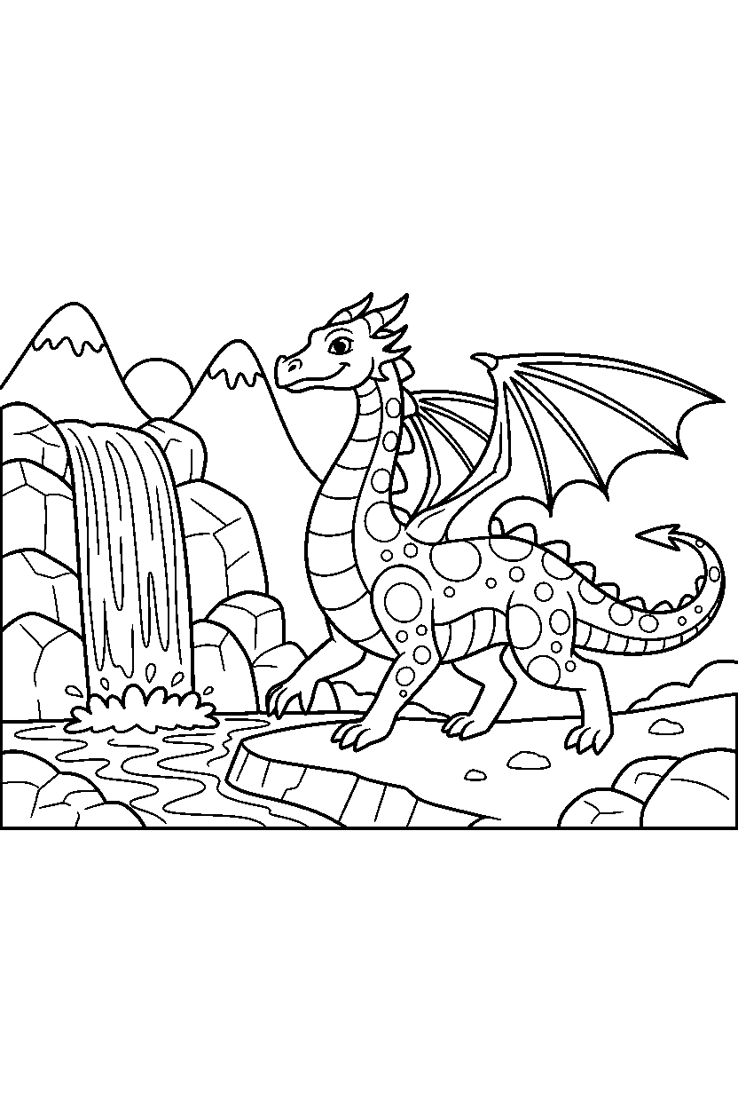 dragon walking proudly near a waterfall line art