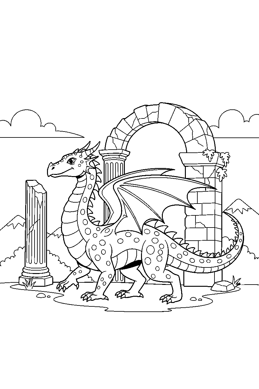 dragon walking proudly near ancient ruins line art