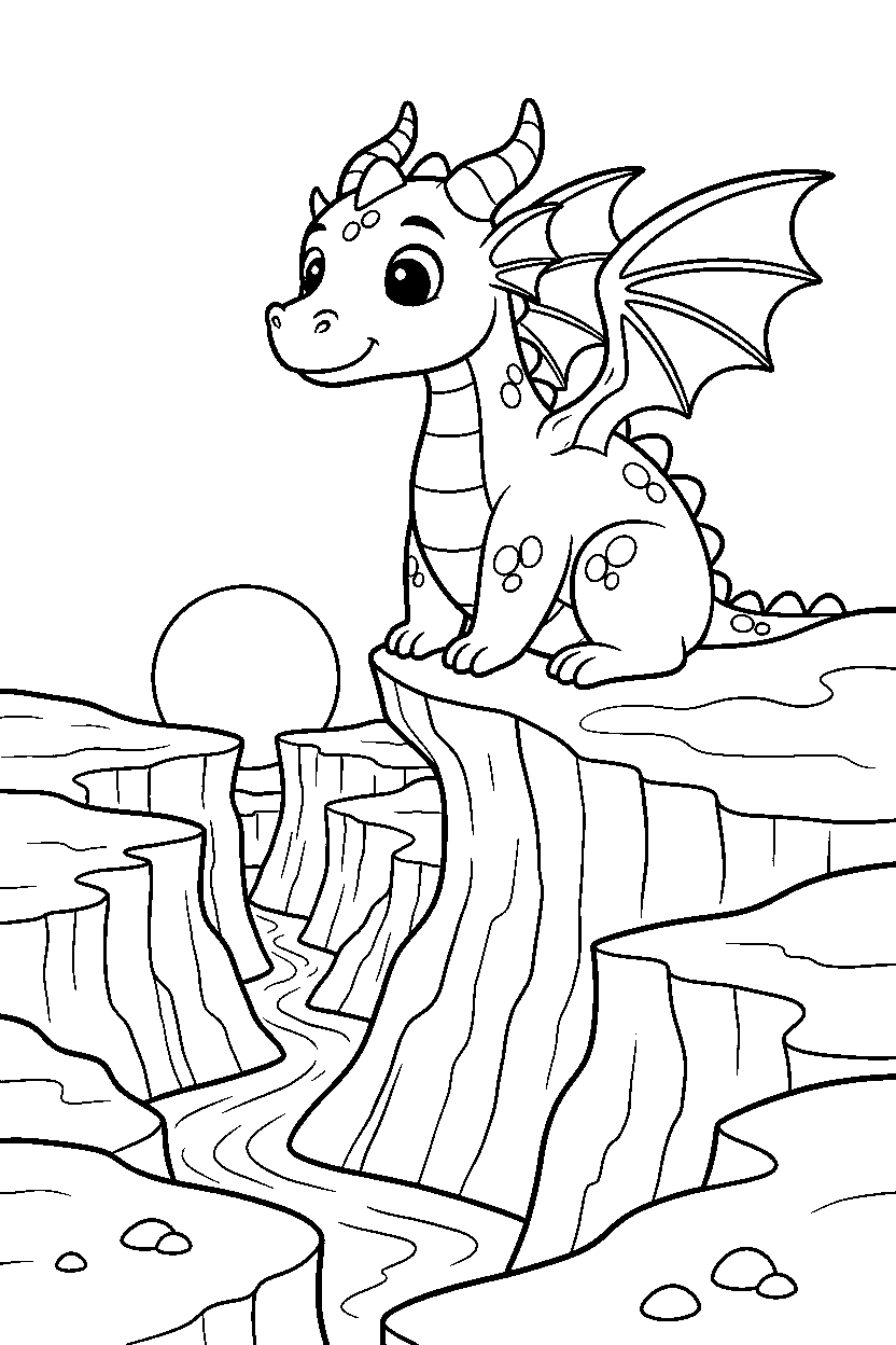 dragon watching in canyon line art