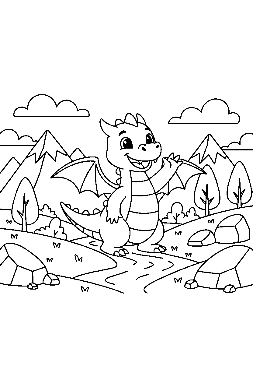 dragon waving happily in a dragon valley line art