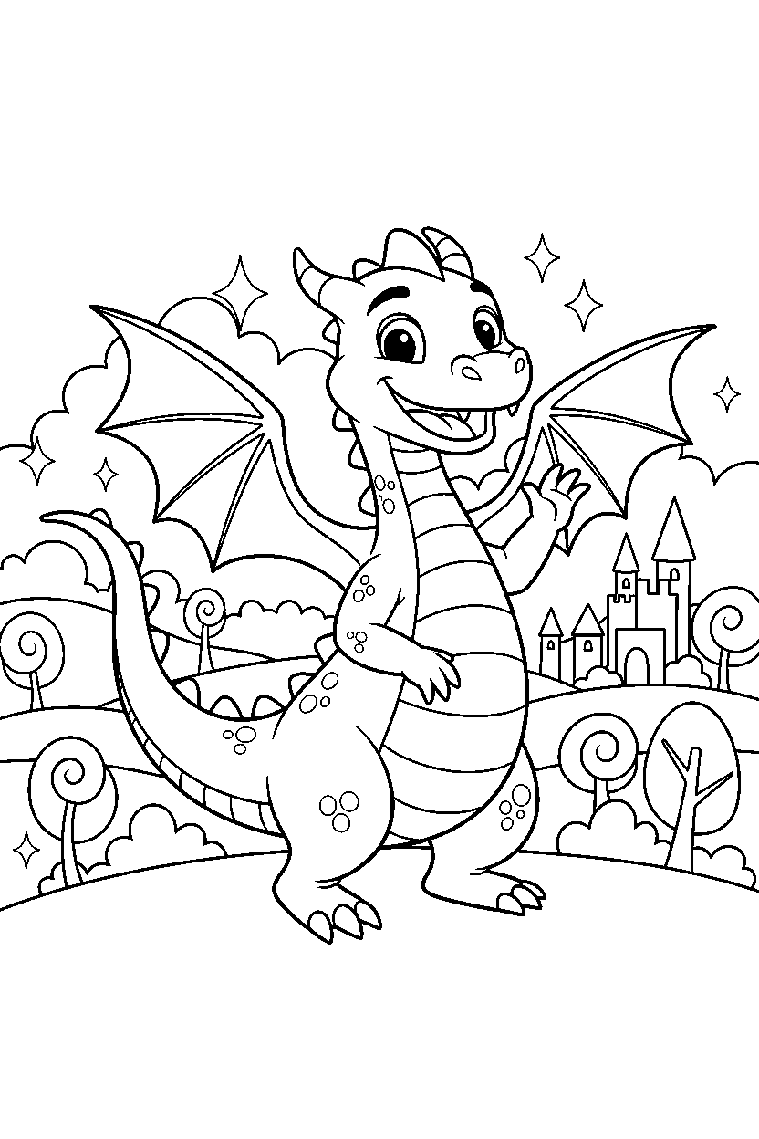 dragon waving happily in a magical landscape line art