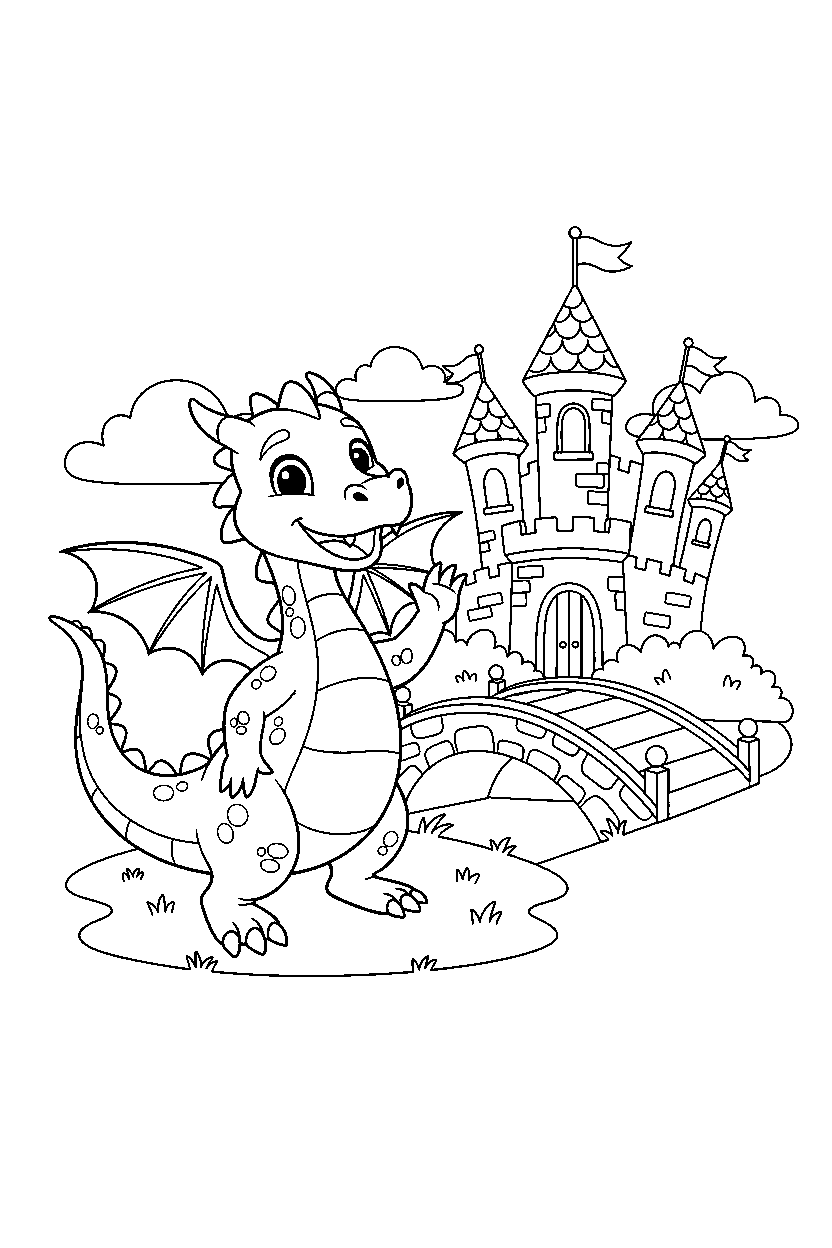 dragon waving happily near a castle bridge line art