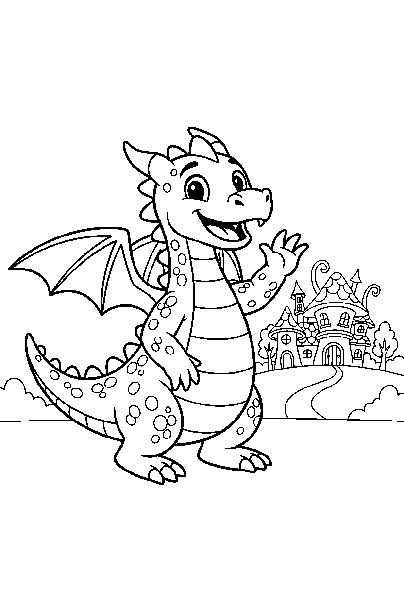 dragon waving happily near a fantasy village line art