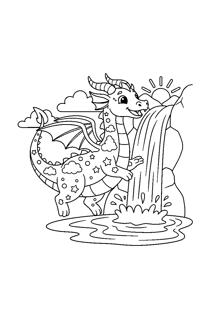dream dragon exploring happily near a waterfall line art