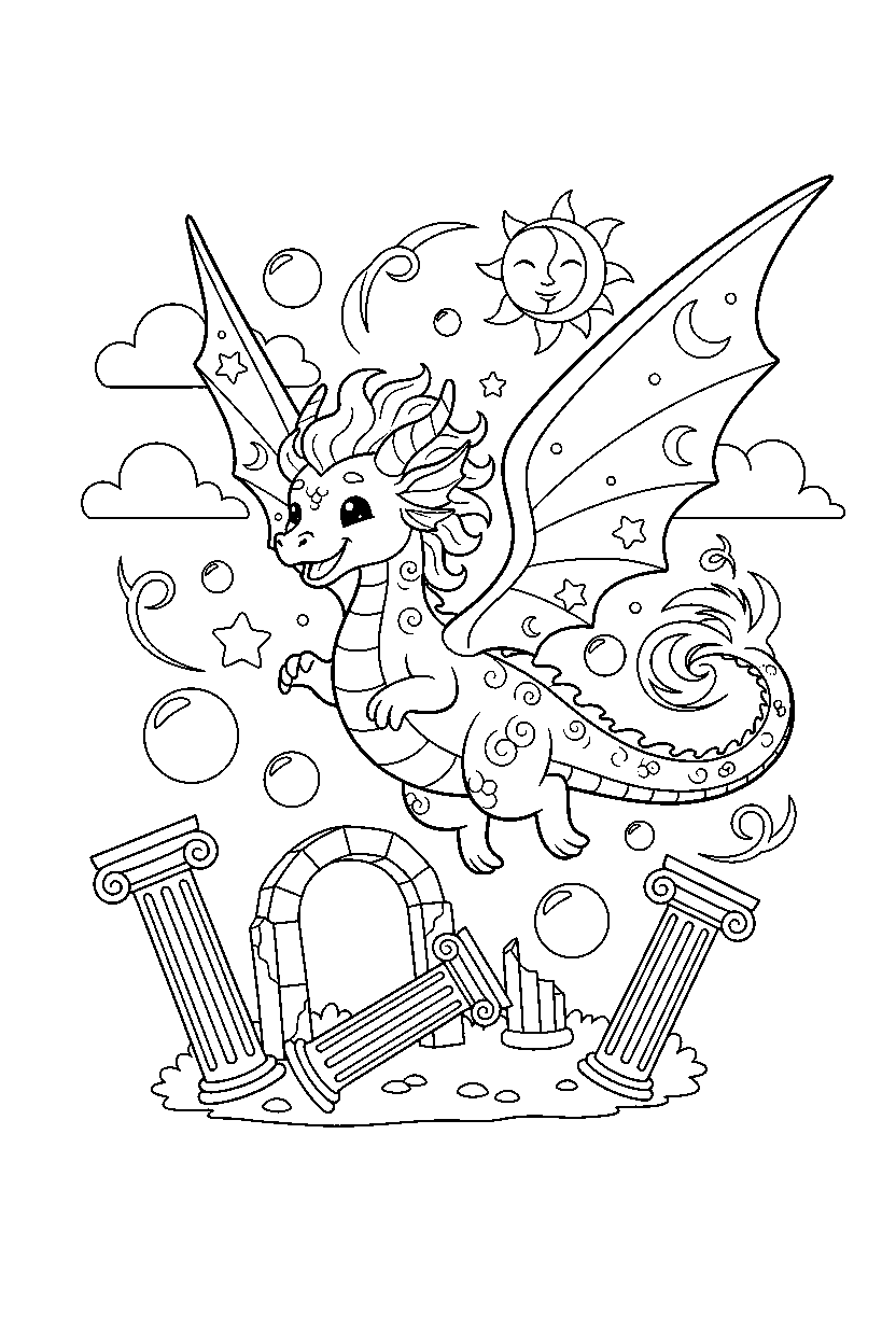 dream dragon jumping with joy near ancient ruins line art
