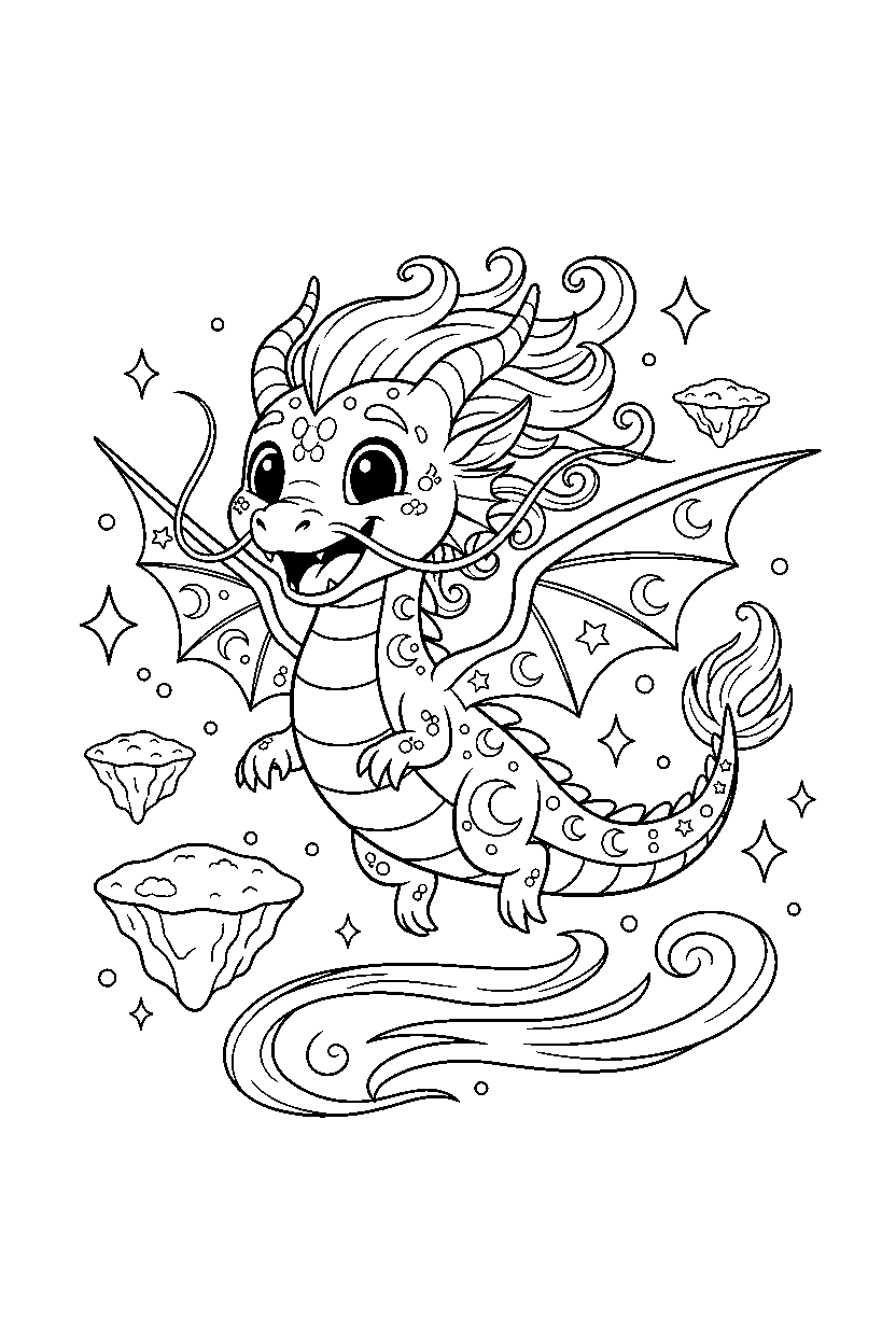 dream dragon looking excited in a dream world line art