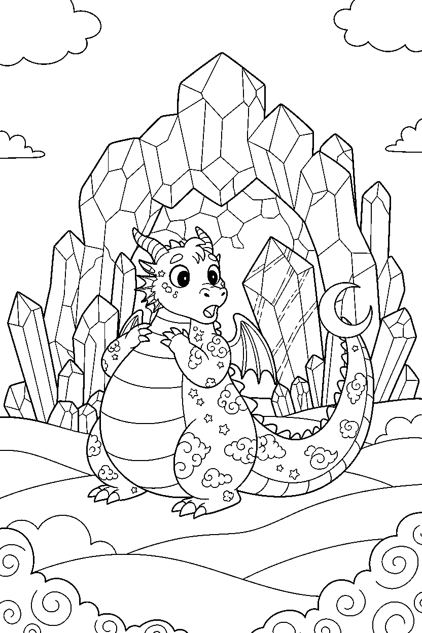 dream dragon looking surprised near a crystal cave line art