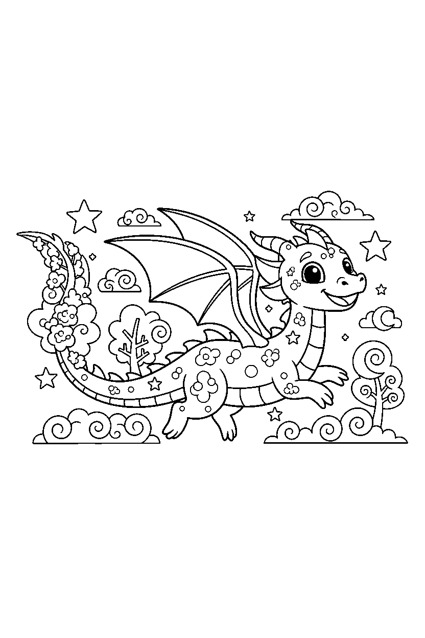 dream dragon running happily in a magical landscape line art