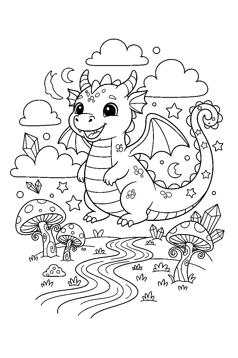 dream dragon smiling happily in a magical landscape line art