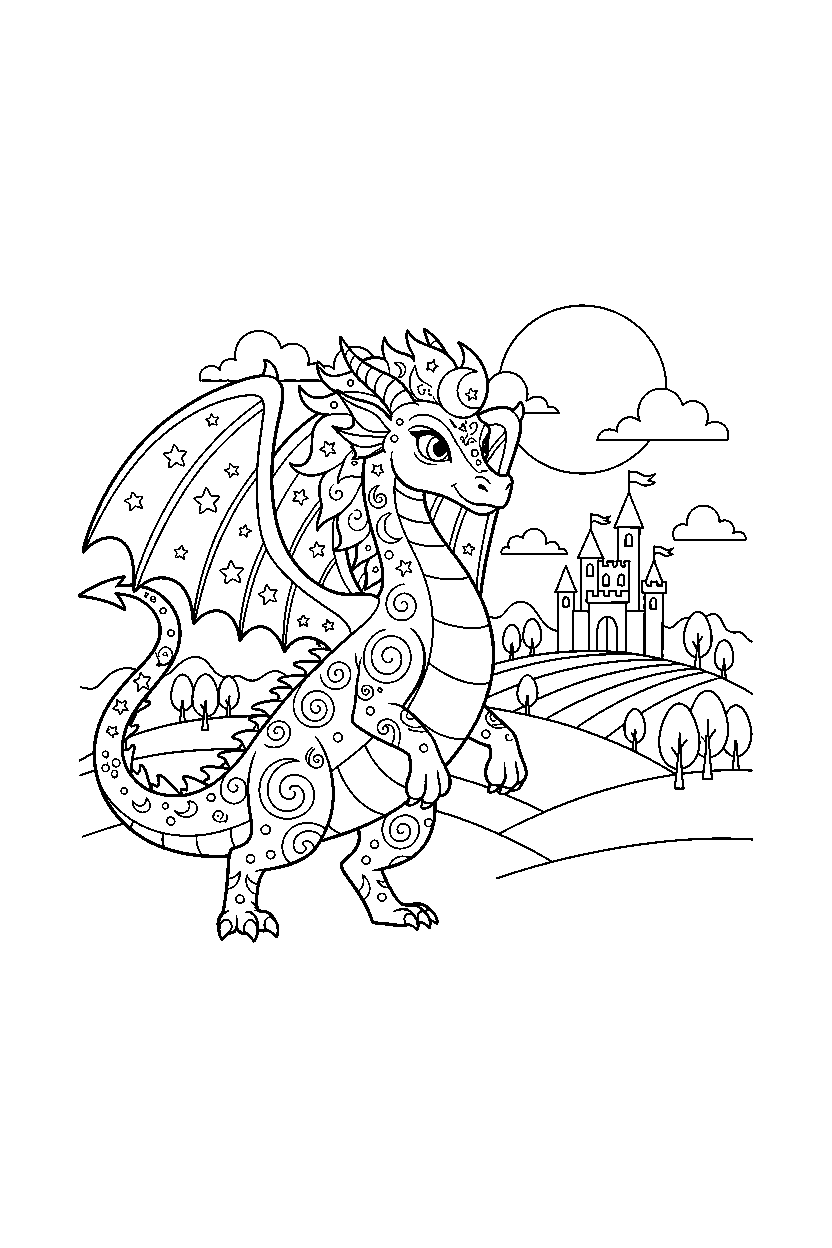 dream dragon standing bravely in a fantasy land line art