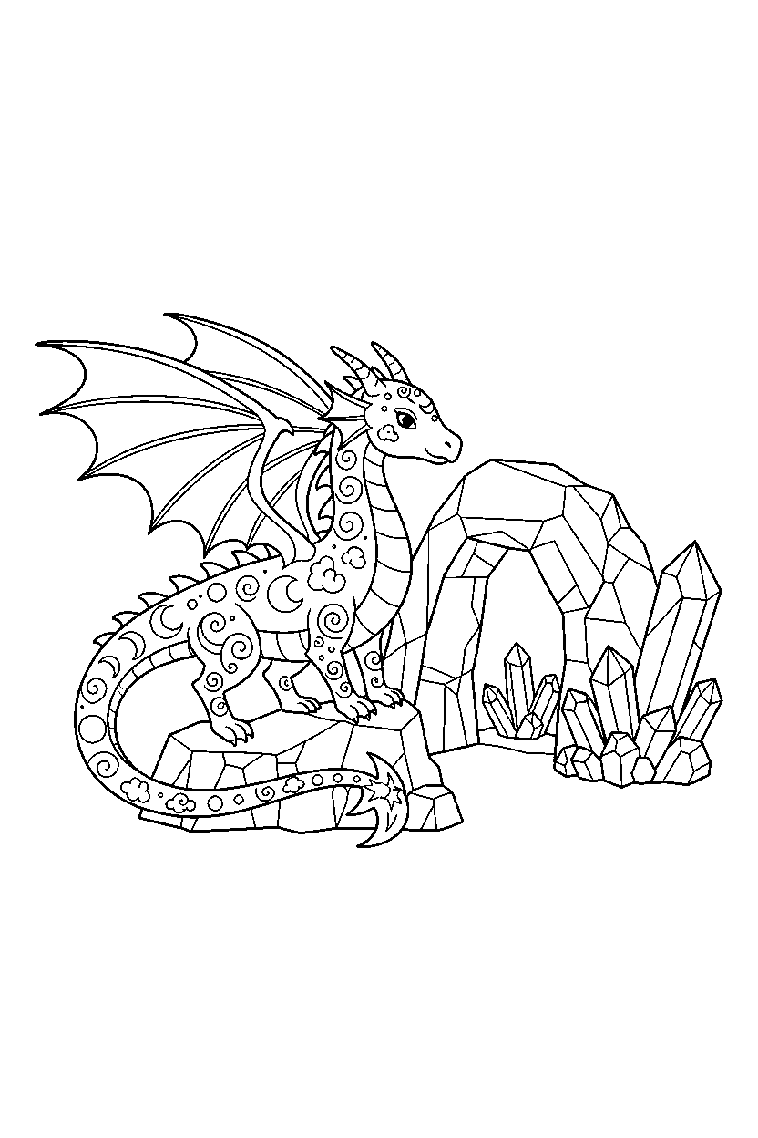 dream dragon standing bravely near a crystal cave line art