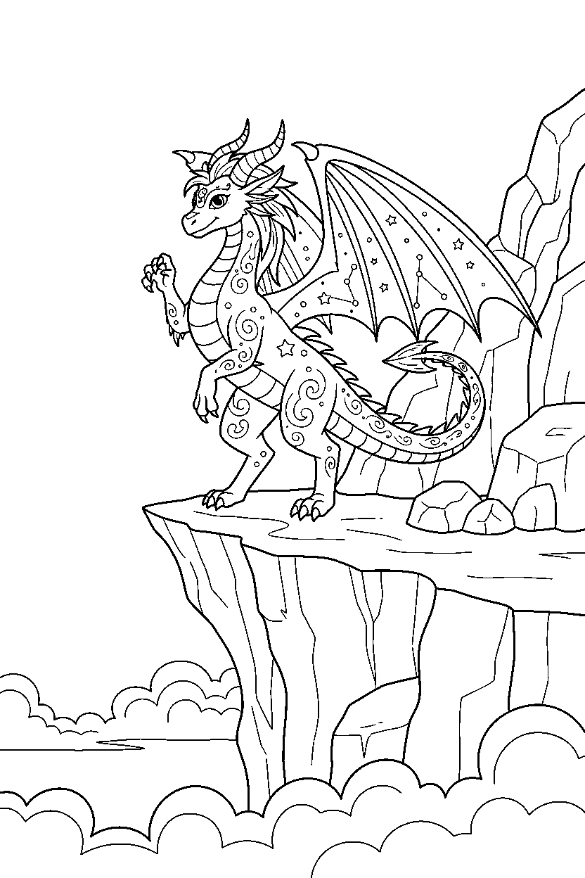 dream dragon standing bravely near a rocky cliff line art