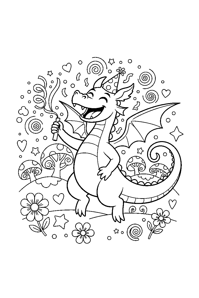 enchanted dragon celebrating happily in a colorful world line art