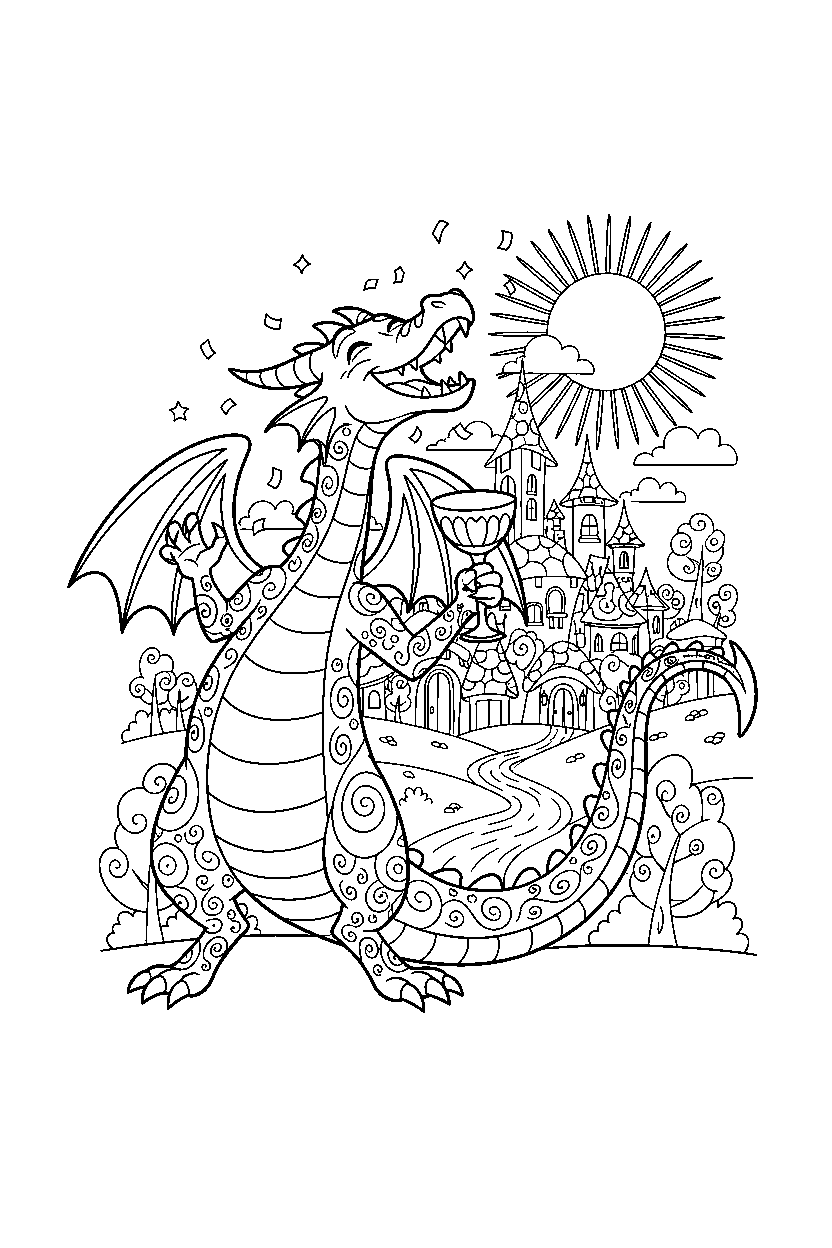 enchanted dragon celebrating happily near a fantasy village line art