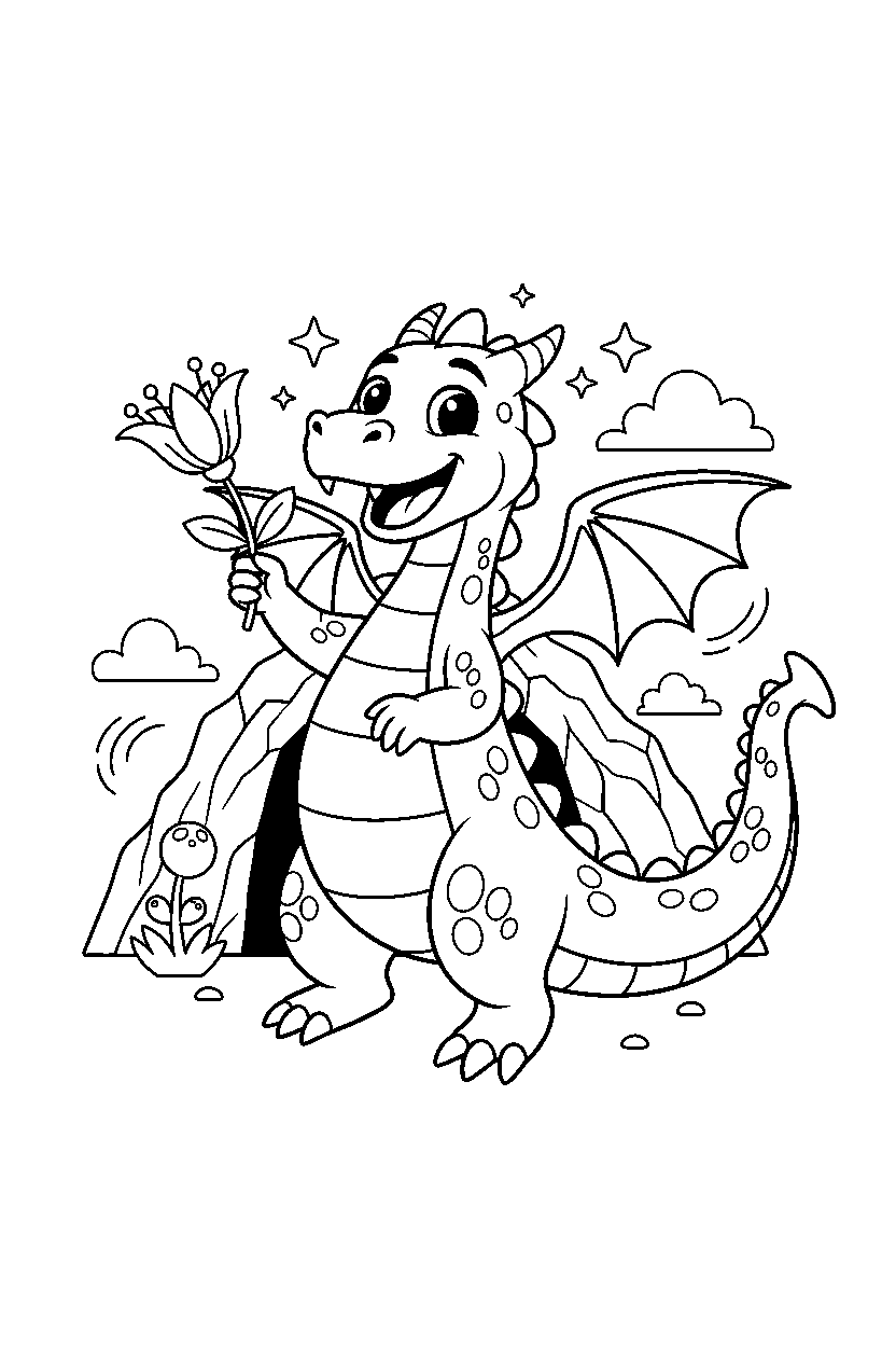 enchanted dragon celebrating happily near a mountain cave line art