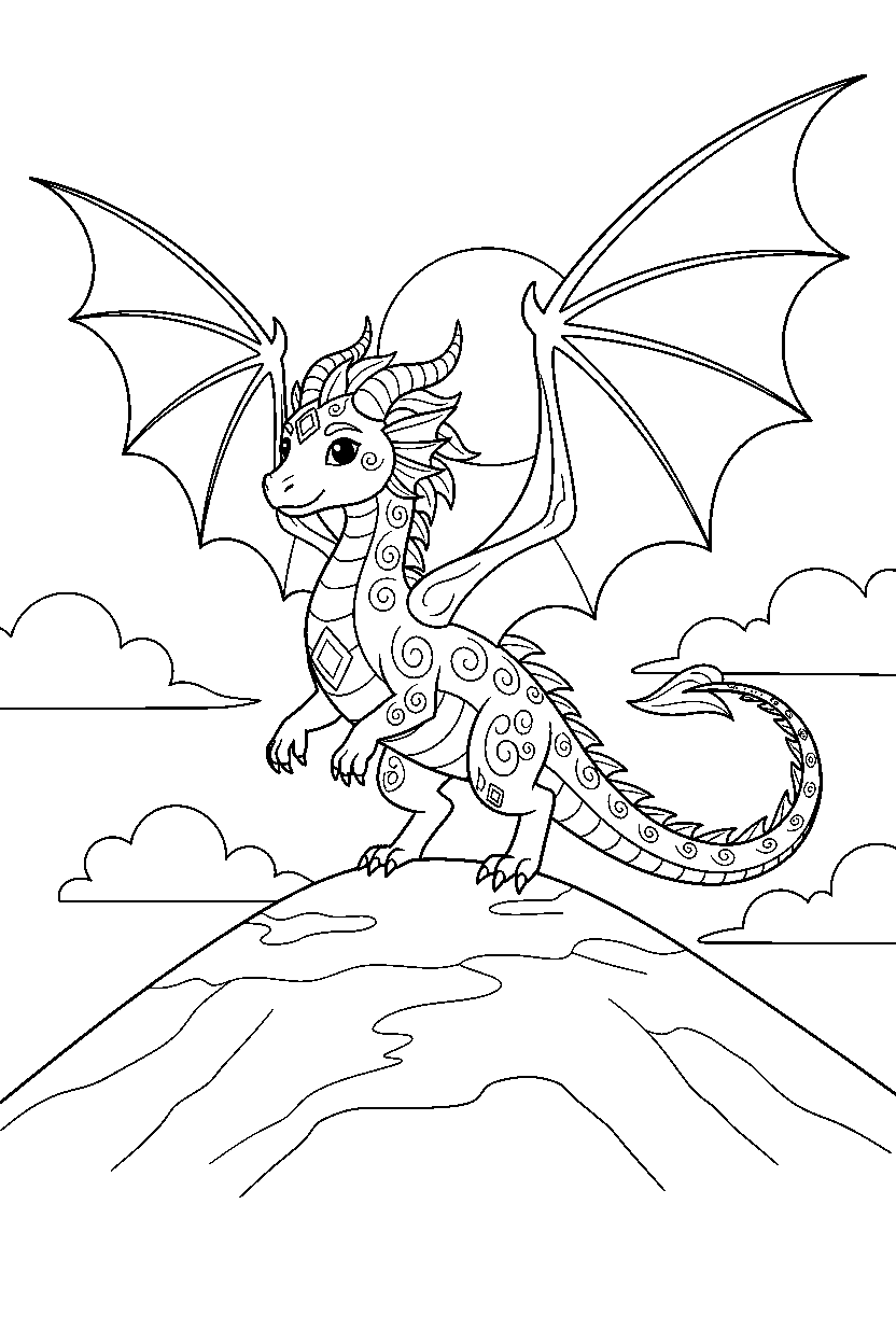 enchanted dragon getting ready to fly on a mountain hill line art