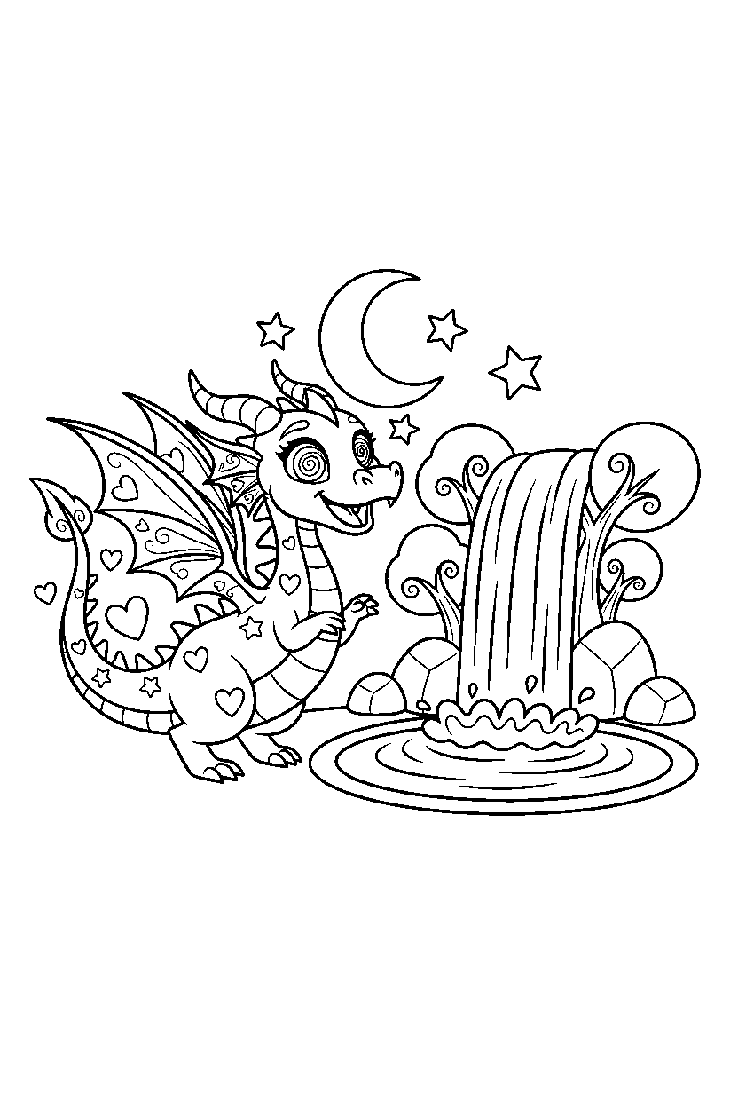 enchanted dragon looking excited near a waterfall line art