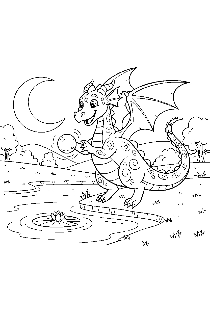 enchanted dragon playing happily near a peaceful lake line art