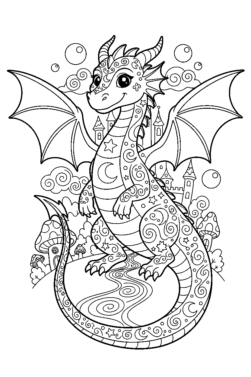 enchanted dragon posing proudly in a magic kingdom line art