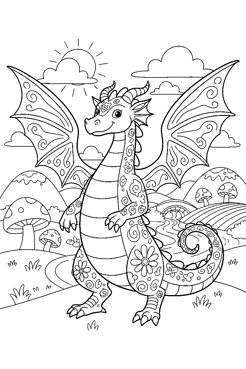 enchanted dragon posing proudly in a peaceful countryside line art