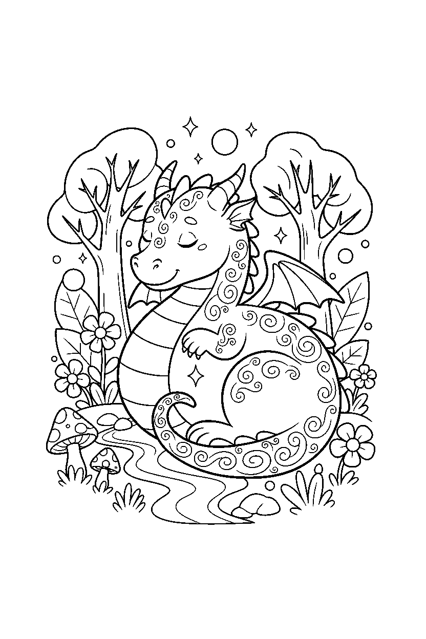 enchanted dragon relaxing peacefully in a magical forest line art