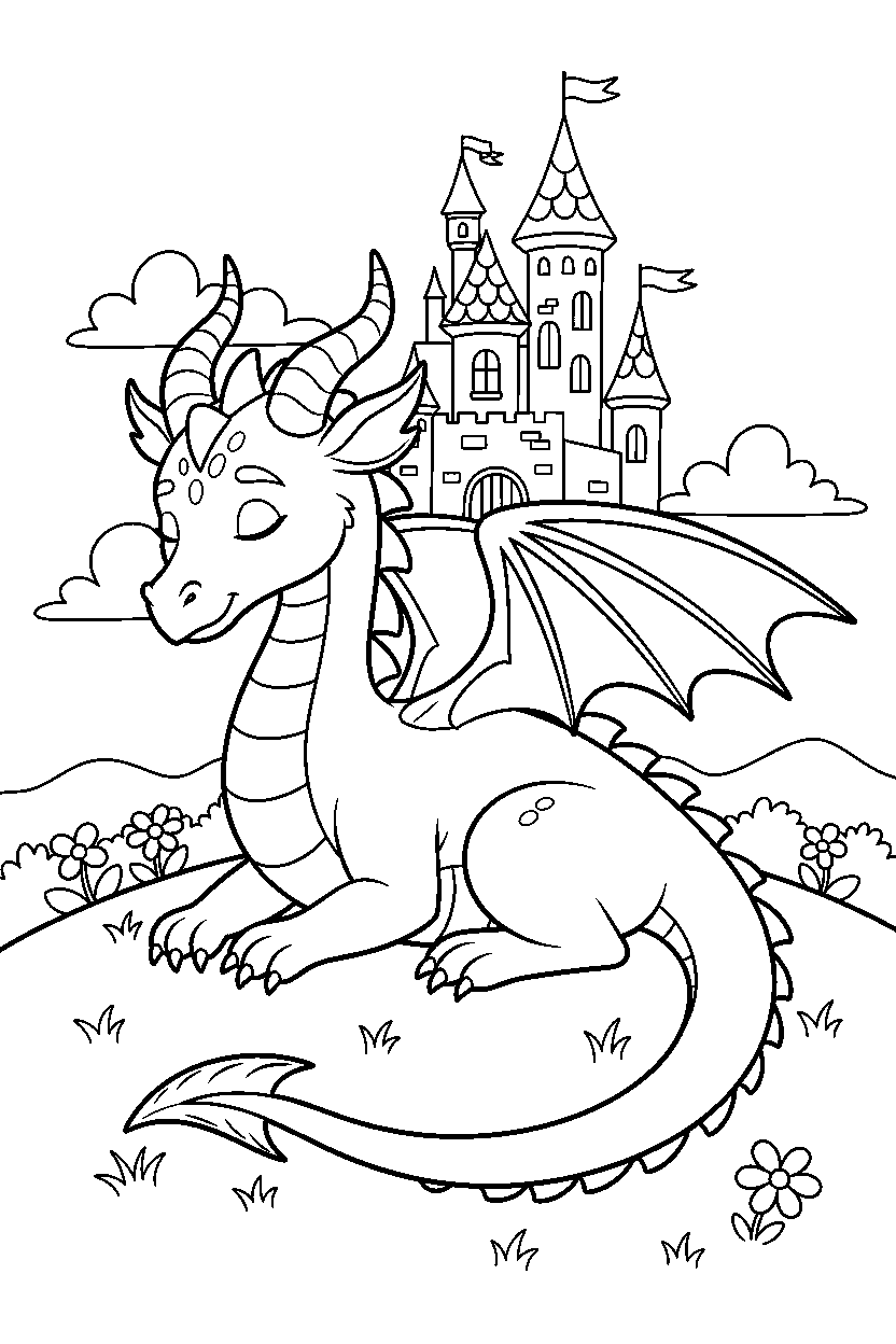 enchanted dragon relaxing peacefully near a castle line art