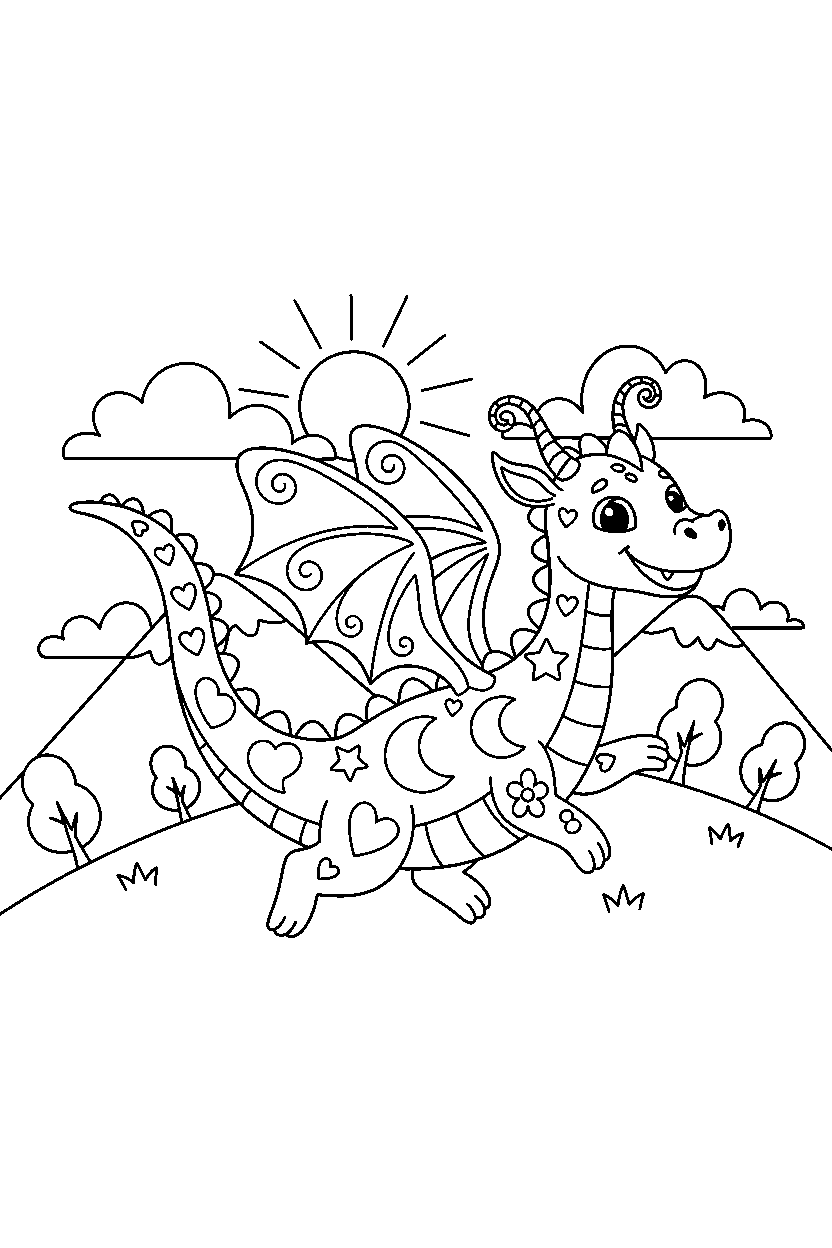 enchanted dragon running happily on a mountain hill line art