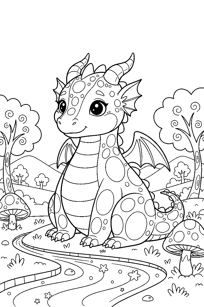 enchanted dragon sitting peacefully in a glowing valley line art