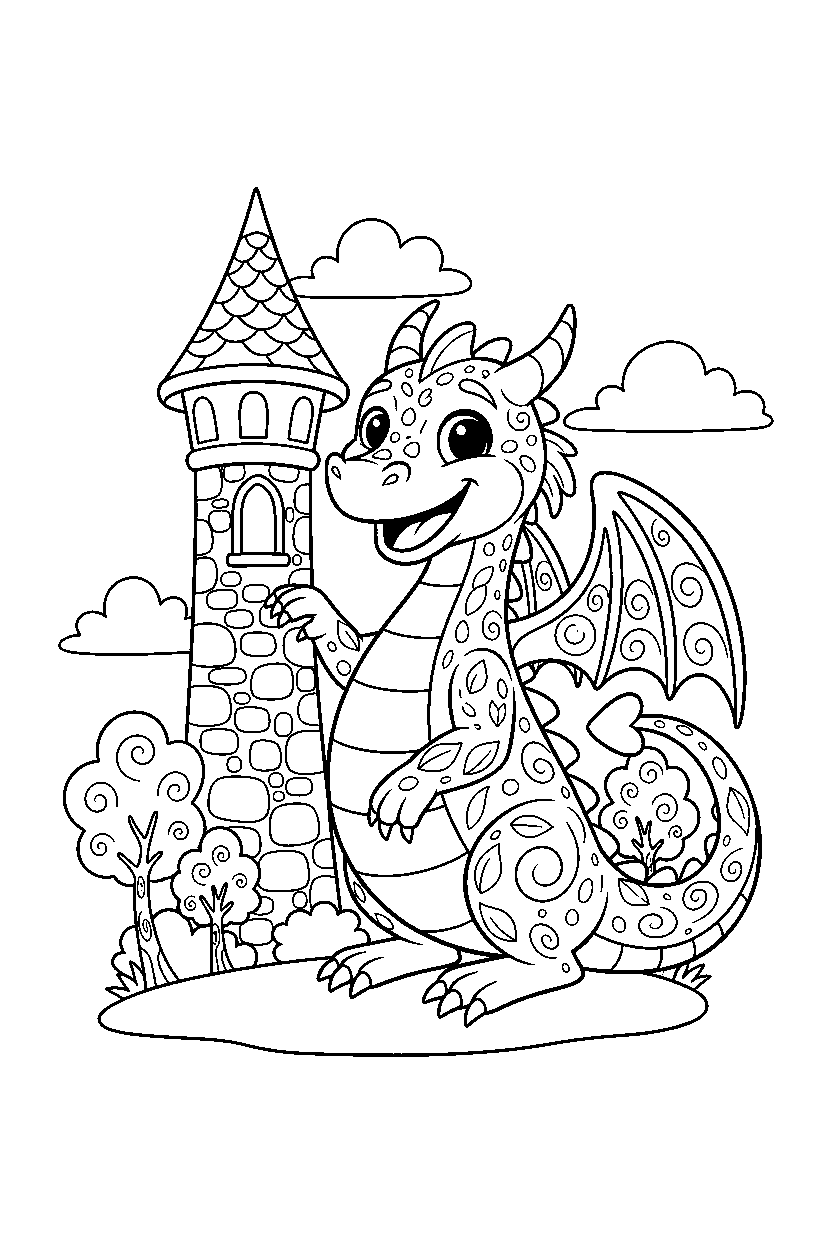 enchanted dragon smiling happily near a castle tower line art
