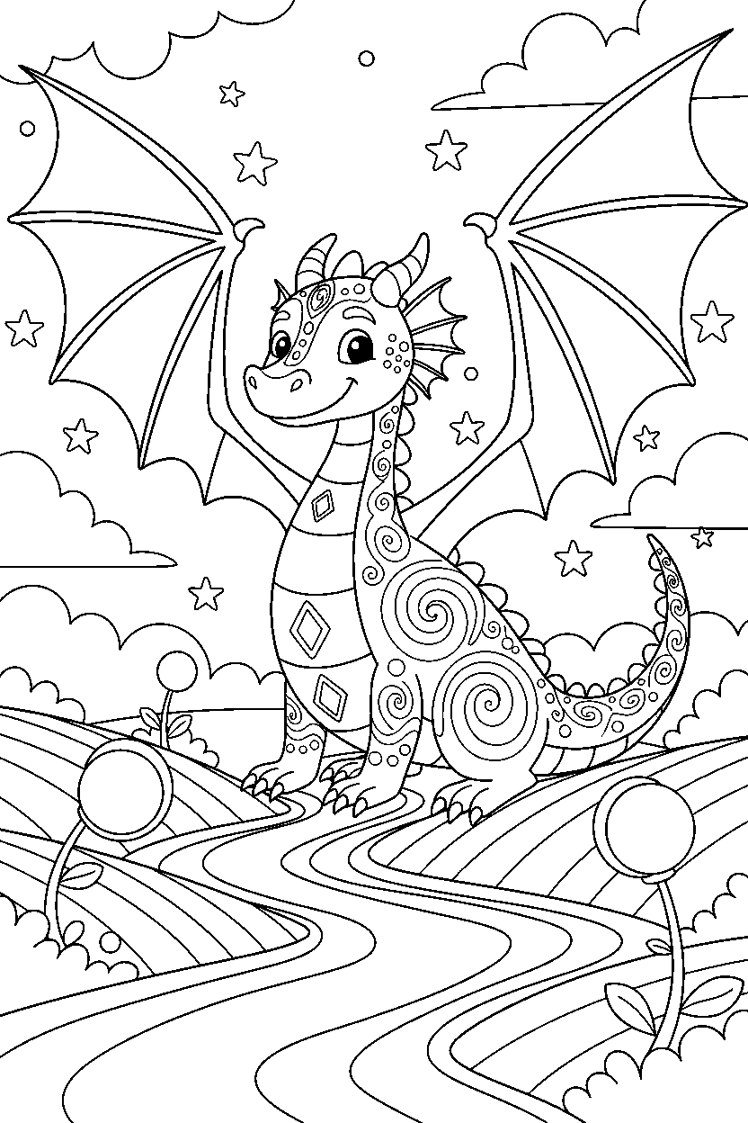 enchanted dragon spreading wings in a glowing valley line art