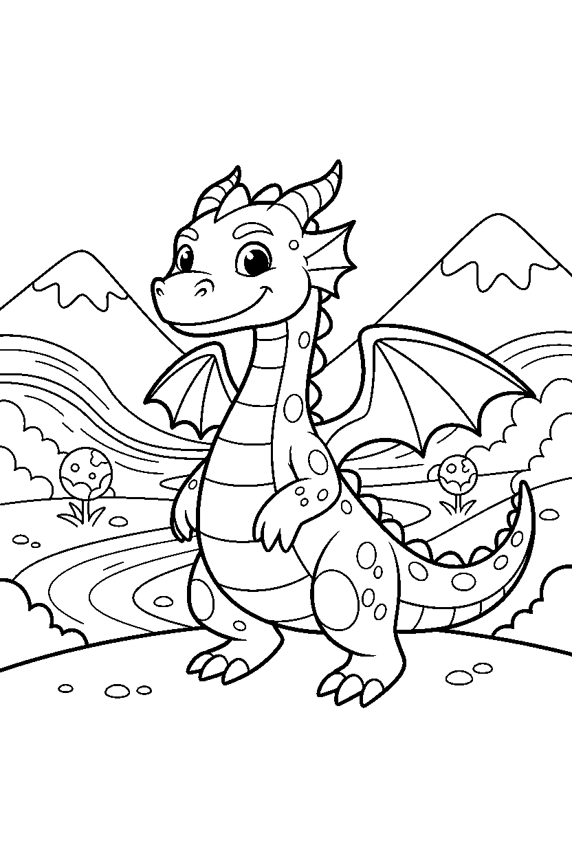 enchanted dragon standing bravely in a glowing valley line art