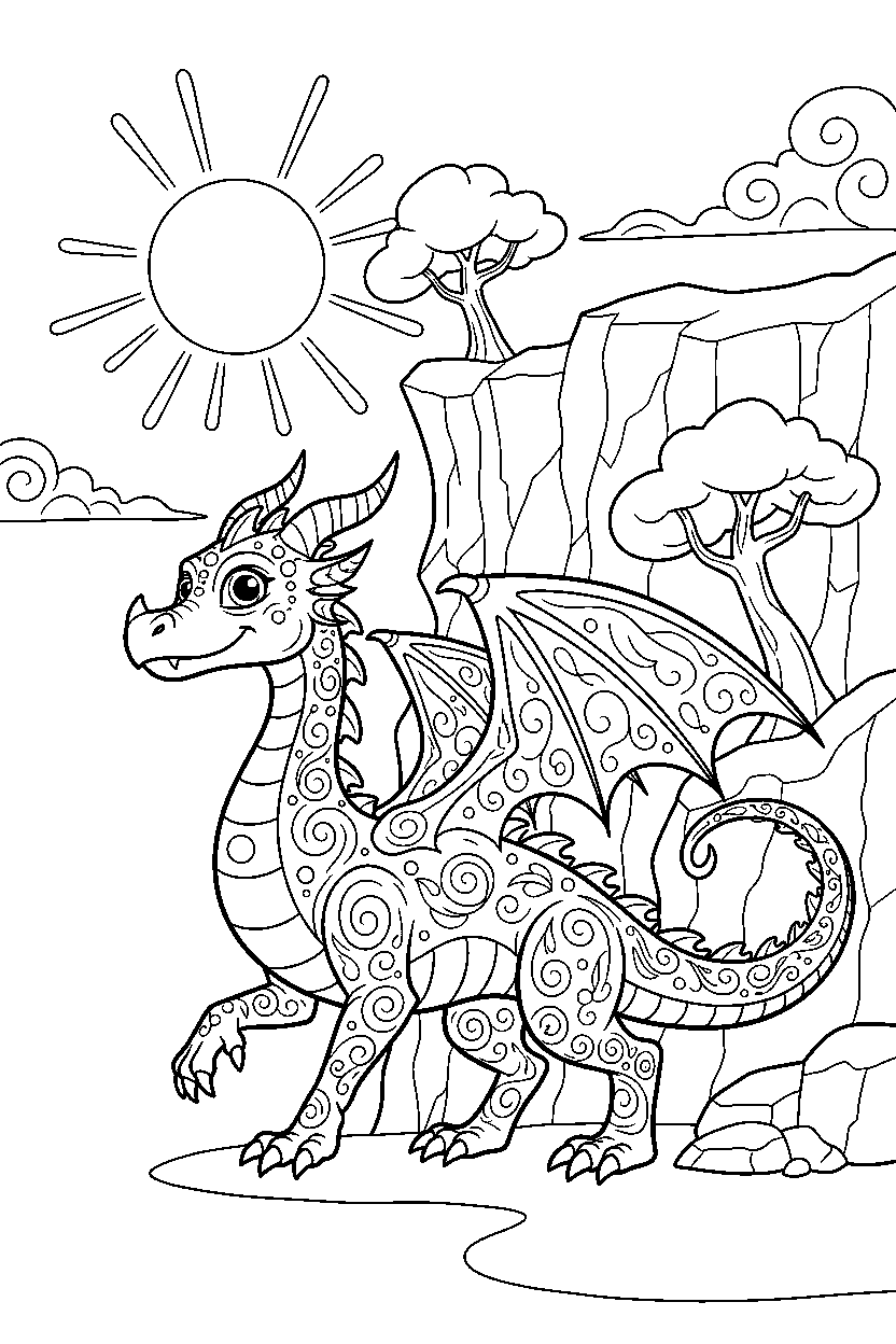 enchanted dragon walking proudly near a rocky cliff line art