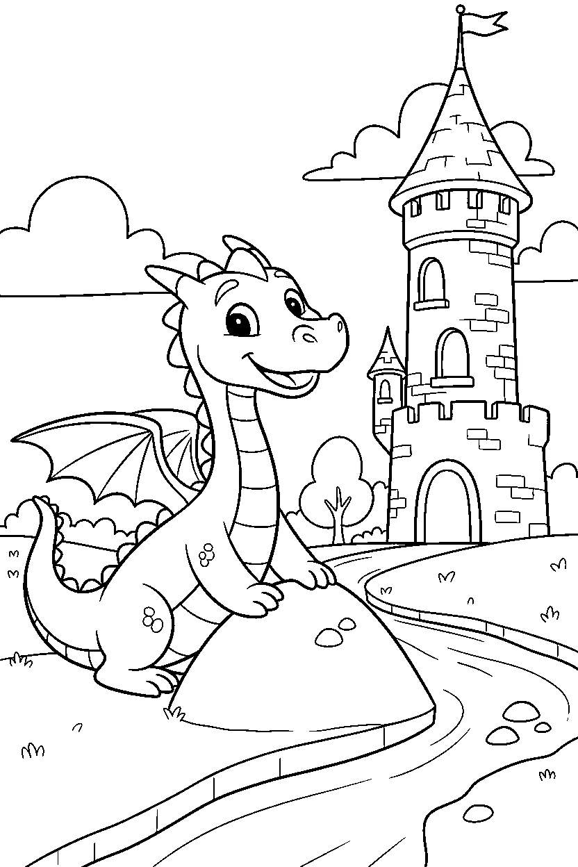 fantasy dragon exploring happily near a castle tower line art