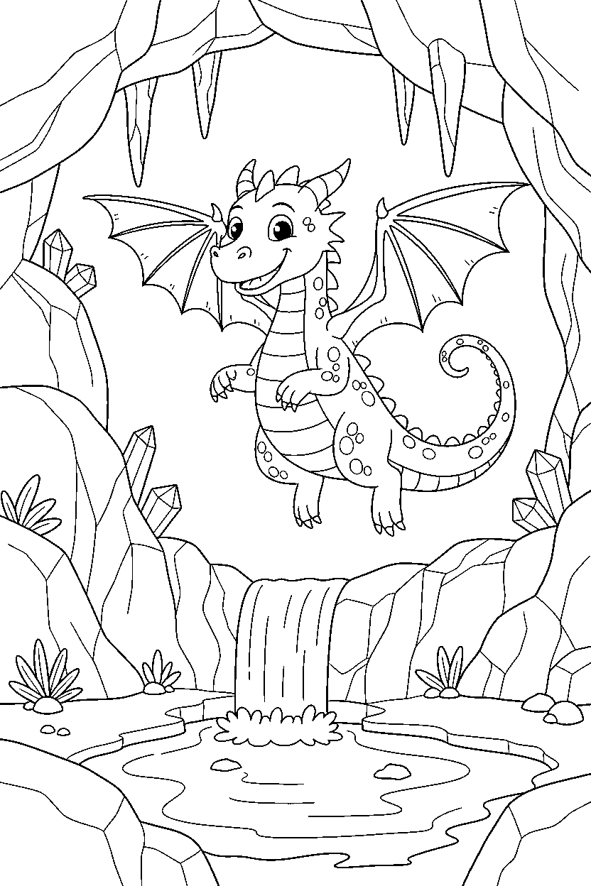 fantasy dragon jumping happily in a hidden cave line art