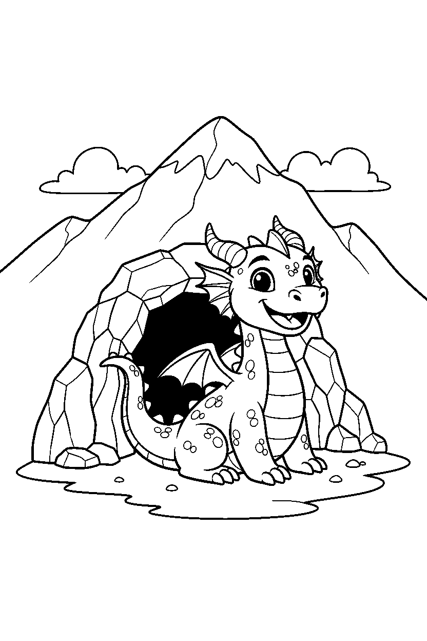 fantasy dragon looking happy near a mountain cave line art