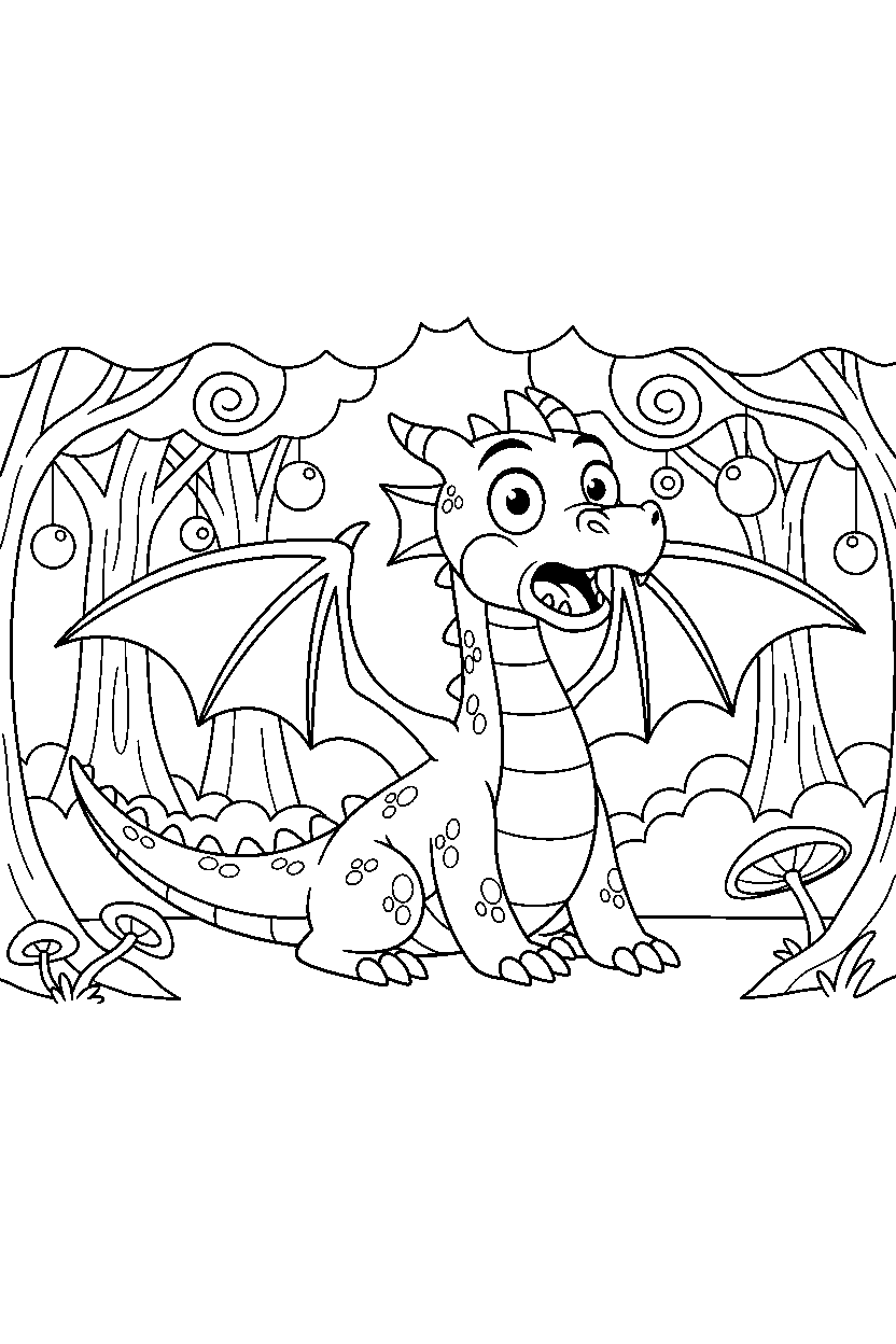 fantasy dragon looking surprised in a magical forest line art