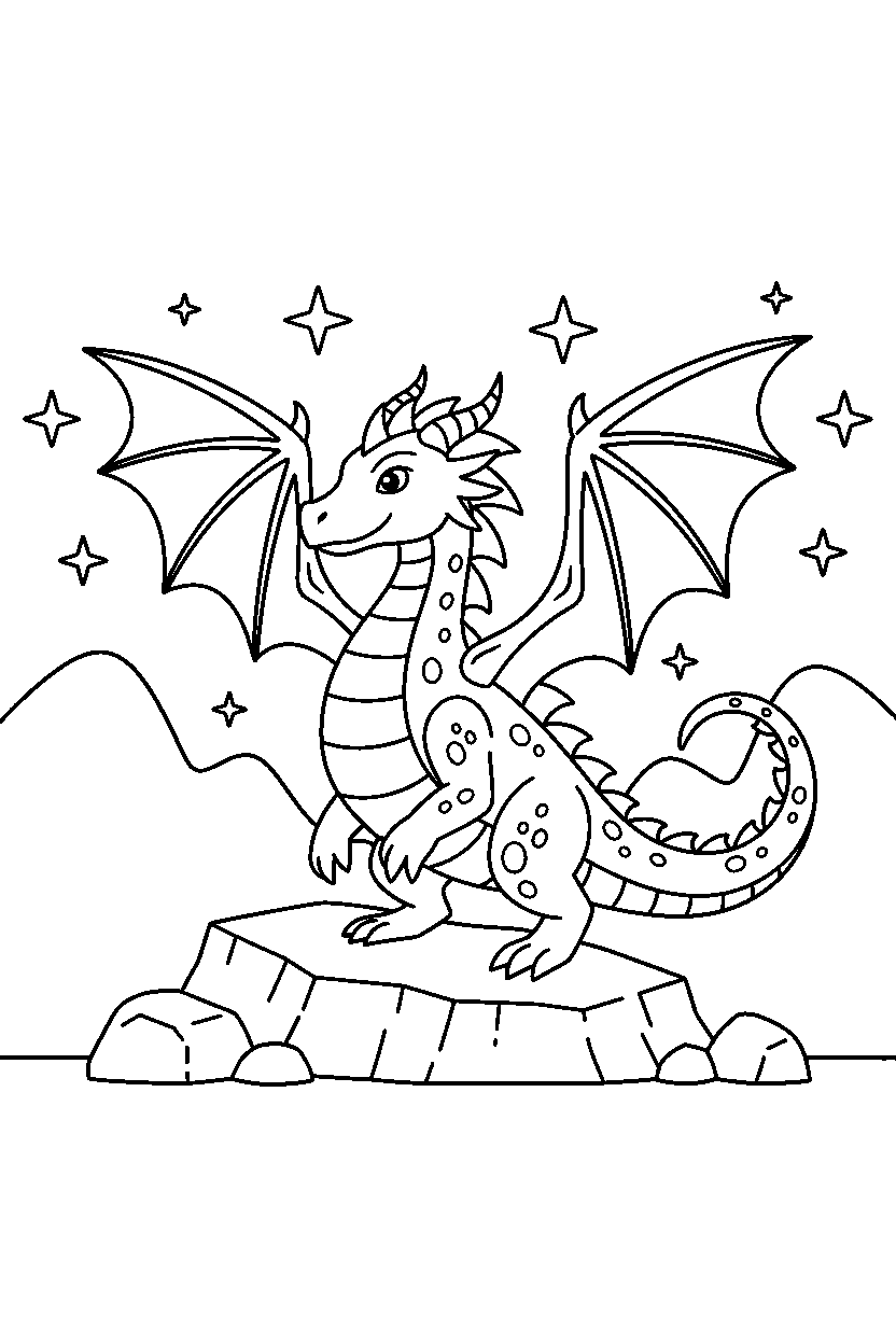 fantasy dragon posing proudly in a starry valley line art