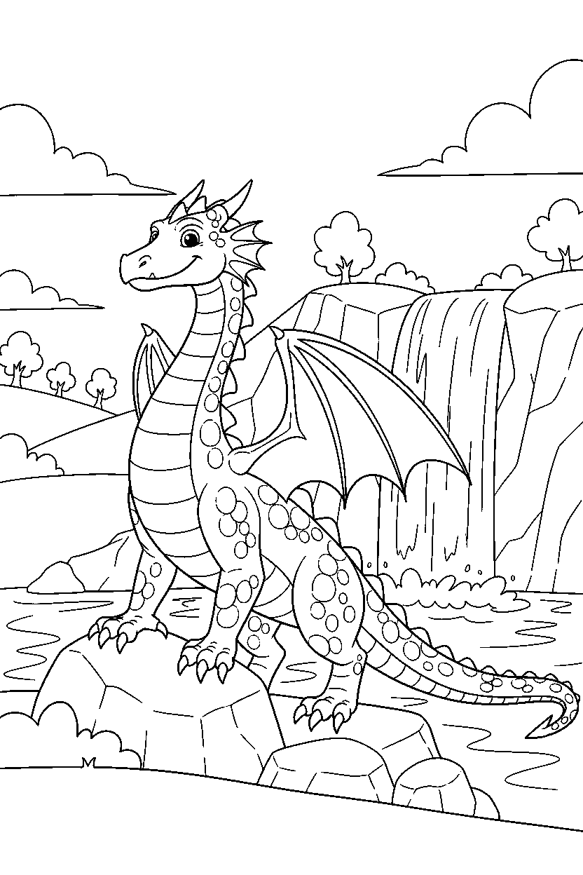 fantasy dragon posing proudly near a waterfall line art